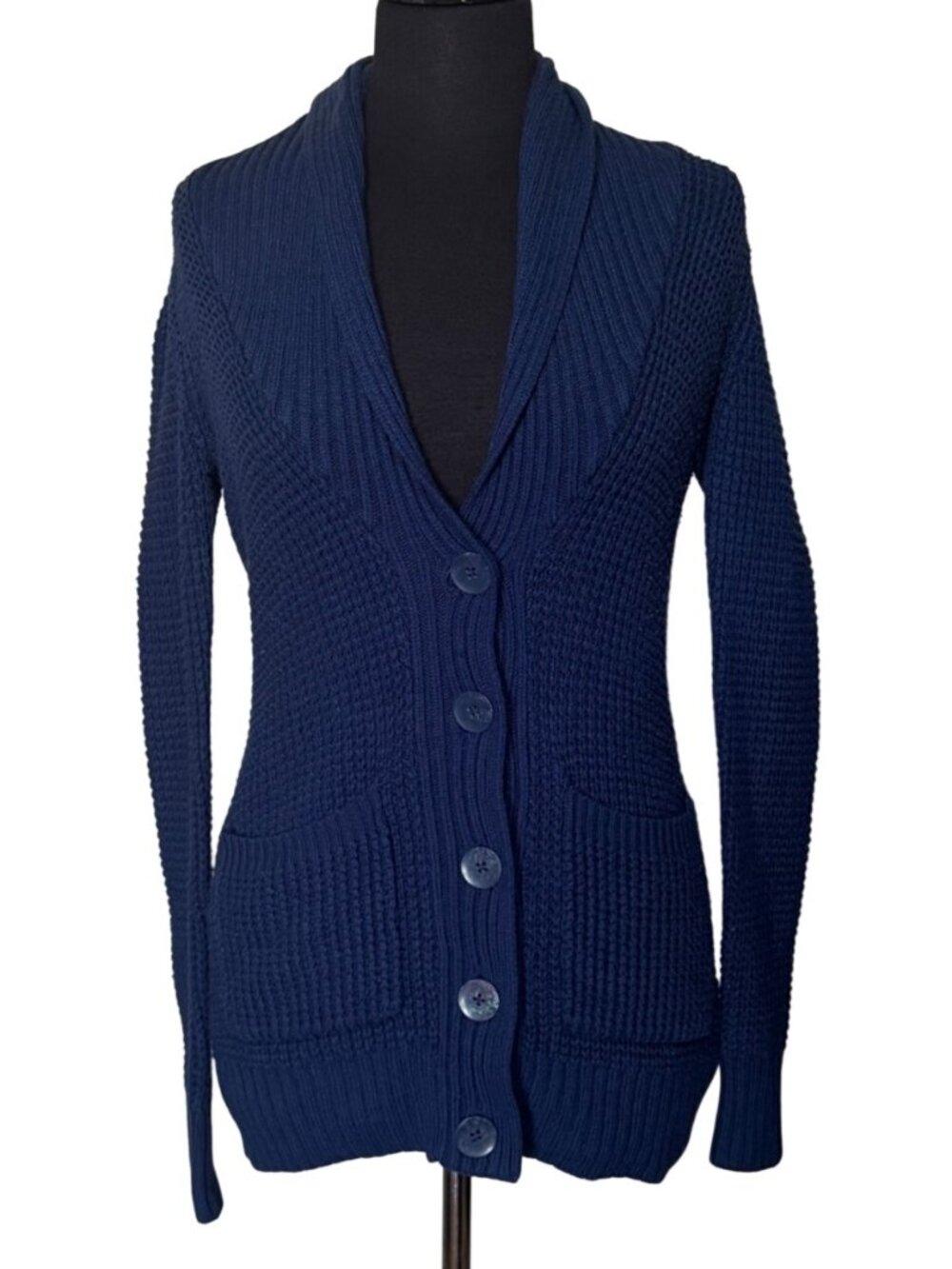 Women's Kirra Blue Chunky-Knit Buttoned Sweater w/Waffle-Knit Texture Size S